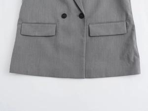 Detail eines grauen Blazers mit zwei Pattentaschen und schwarzen Knöpfen auf Webstoff