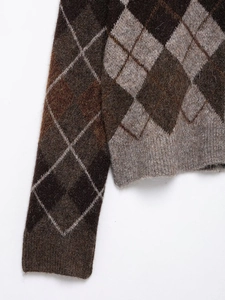 Close-up of diamond argyle knit texture with soft mohair fibers and ribbed edges