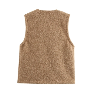 Detail view of the deep camel textured fleece vest back with soft sherpa wool material