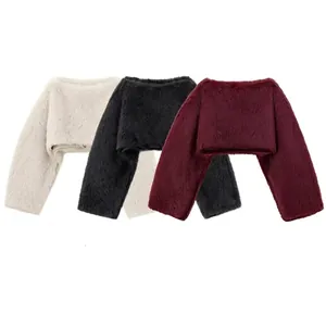 Women's Faux Fur Cropped Top Chenille Polyester Long Sleeve Round Neck Casual Streetwear Solid Color Shrug Top For Women