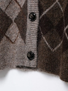 Close-up of argyle knit cardigan featuring fuzzy mohair texture and glossy black buttons