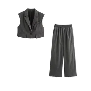 Women's Pinstripe Two Piece Suit Set Elegant Sleeveless V-Neck Vest Waistcoat And Loose Wide Leg Pants Office Outfit