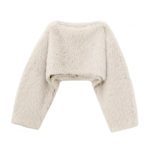 Elegant off-white faux fur cropped top with long sleeves and soft shaggy texture