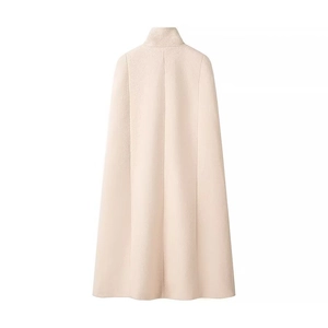 Elegante mantella lunga in misto lana con collo alto color albicocca chiaro da donna