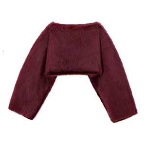 Women's burgundy faux fur cropped jacket with fluffy texture and long sleeves