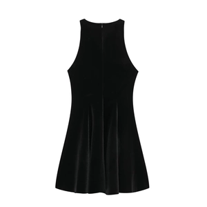 Elegant black sleeveless velvet dress with a chic back zipper and flared A-line skirt shape