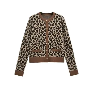 Cardigan en Maille Décontracté pour Femmes Imprimé Léopard Pull Manches Longues Bouton Doré Col Rond Streetwear Automne Hiver