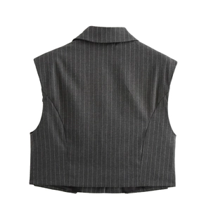 Women's dark grey pinstripe vest featuring a classic notched lapel and sleeveless design
