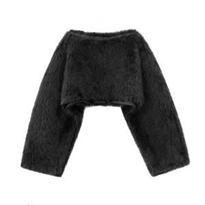 Women's faux fur cropped jacket in black with long sleeves and fluffy texture