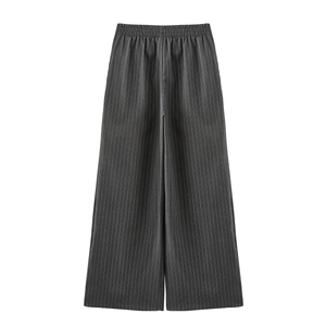Women's dark grey striped wide-leg trousers with elastic waist and relaxed casual fit