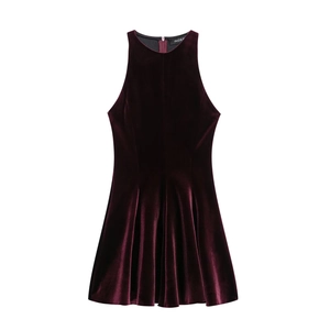 Elegant burgundy velvet sleeveless mini dress with a bow detail and pleated A-line skirt
