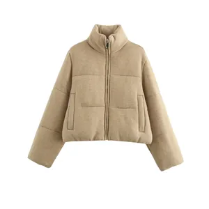 Veste Matelassée en Tricot Street Fashion pour Femme Col Montant Fermeture Éclair Manteau Court Matelassé Kaki Chaud Hiver