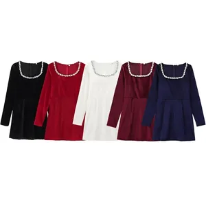 Elegant Velvet Square Neck Mini Dress For Women Beaded Rhinestone Long Sleeve Slim Fit Party Cocktail Dress