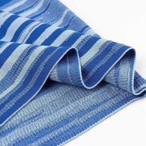 Close-up of soft knitted fabric showing light blue and blue horizontal stripes texture