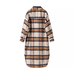Back view of long plaid shirt jacket with beige, orange and blue check patterns