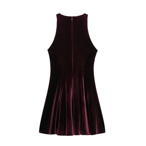 Elegant burgundy velvet sleeveless mini dress with a high-neck design and back zipper