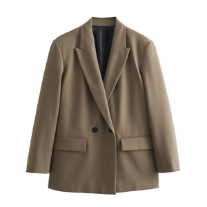 Damen Oversize-Blazer in Khaki, zweireihig mit Pattentaschen und klassischem Reverskragen