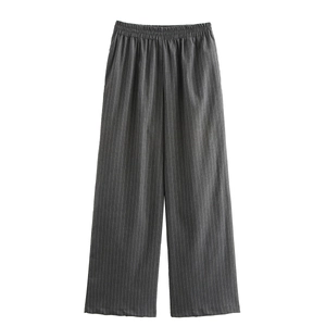 Casual dark grey pinstripe wide leg trousers with elastic waist for a classic look
