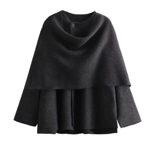 Women's dark grey wool blend short knit coat with asymmetrical scarf collar and button
