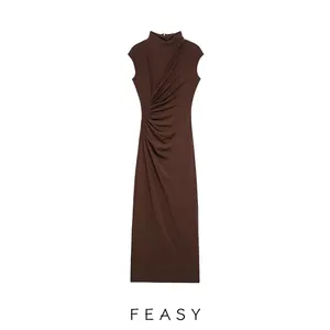 Abito Midi da Donna Senza Maniche Increspato Collo a Lupetto Elegante Vestibilità Aderente Vita Alta in Maglia Misto Poliestere