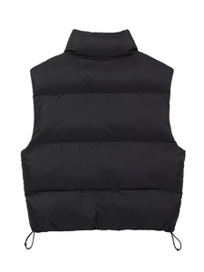 Detail view of the quilted back on this black stand-collar vest with adjustable drawstrings