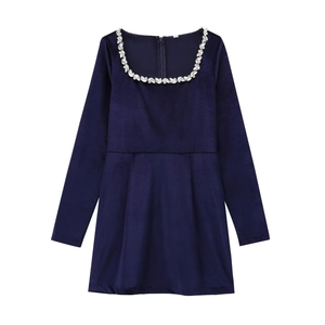 Elegant navy blue velvet dress with square neckline and beaded trim details