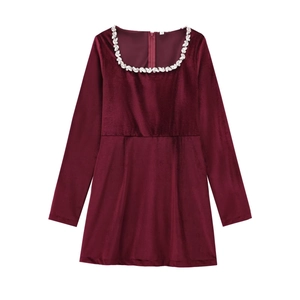 Elegant burgundy velvet long sleeve mini dress with crystal square neckline trim