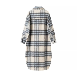 Back view of a long-sleeved plaid coat in beige and blue featuring a curved hemline