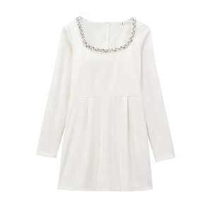 Elegant white velvet square neck long sleeve dress with sparkling rhinestone neckline embellishment