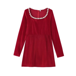 Elegant wine red velvet long sleeve dress with sparkling sequin beaded square neckline