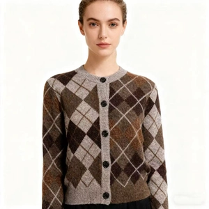 Women's slim fit argyle knit cardigan featuring brown geometric patterns and button closure