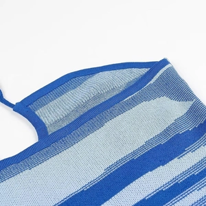 Detail of blue and white striped knit texture and fine mesh craftsmanship on balaclava