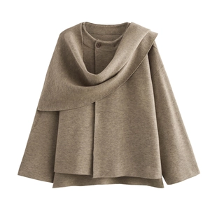 Manteau en tricot marron pour femme avec col écharpe asymétrique et bouton unique