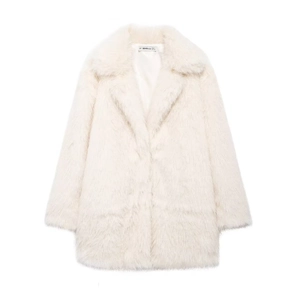 Women's elegant white faux fur coat with a large lapel collar and long plush texture