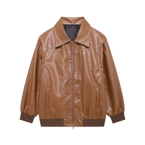 Veste vintage en cuir PU marron pour femmes avec poignets côtelés et style rétro