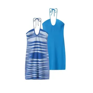Women's Halter Neck V-Neck Lace-Up Knit Mini Dress Sexy Cross Tie Backless Slim Fit Blue Sleeveless Party Vacation Dress