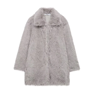 Women's elegant light gray faux fur coat with lapel collar and soft fluffy texture