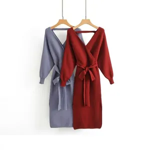 Women V Neck Belted Knitted Midi Dress Long Sleeve Ribbed Cuffs Side Slit Autumn Winter Solid Color Elegant Pullover Dress