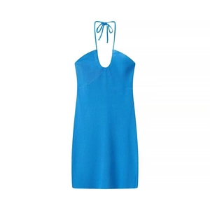 Blue halter neck V-neck cross-tie knit mini dress with ribbed texture on white background