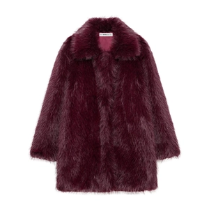 Women's burgundy faux fur coat with oversized lapels and long-pile glossy texture