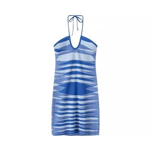 Bodycon halter neck dress with blue wavy knit pattern and criss-cross tie detail