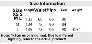Detailed size chart for strapless floor-length dress showing XS to L measurements