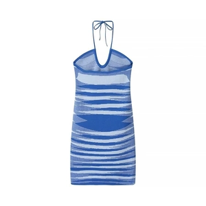 Chic halter neck knit dress with blue stripes and cross front design for women