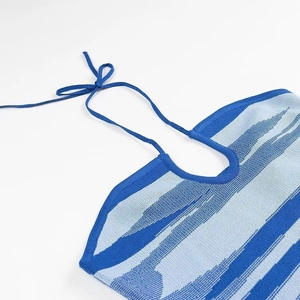 Women's halter neck V-neck knitted dress with blue abstract striped pattern for autumn