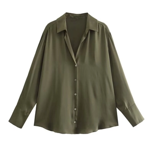 Women's street style olive green satin shirt with long sleeves and shiny texture