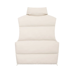 Back view of apricot quilted puffer vest with stand collar and adjustable drawstring hem