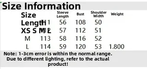 Detailed size guide for long faux fur coat including bust, shoulder, and sleeve length