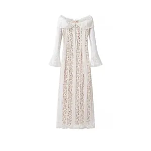 French Elegant Off-The-Shoulder Lace Maxi Dress For Women Vintage Bell Sleeve Hollow Floral Wedding Party Long Dress