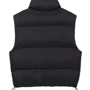 Back view of black stand collar puffer vest with horizontal quilting and adjustable drawstring