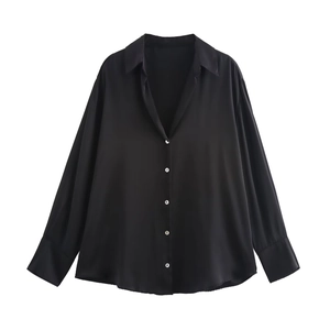 Elegant black satin long sleeve button-up shirt for women with silk-like finish